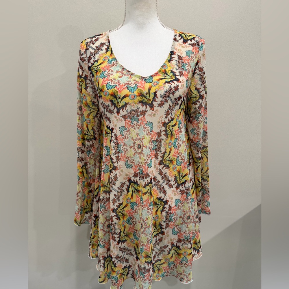 Papillon Tunic Dress Cover Up Women Size M Sheer Long Sleeve Multicolor Floral